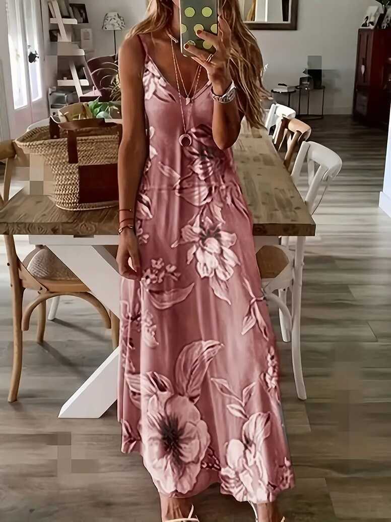 Floral Spaghetti Strap Long Dress Loose Sleeveless V neck - Temu