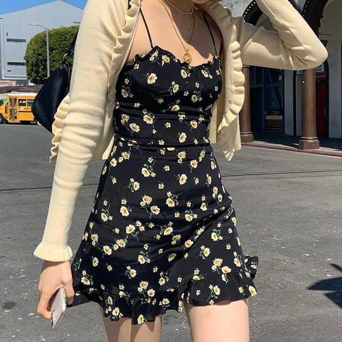 Floral Spaghetti Strap Mini Dress - L