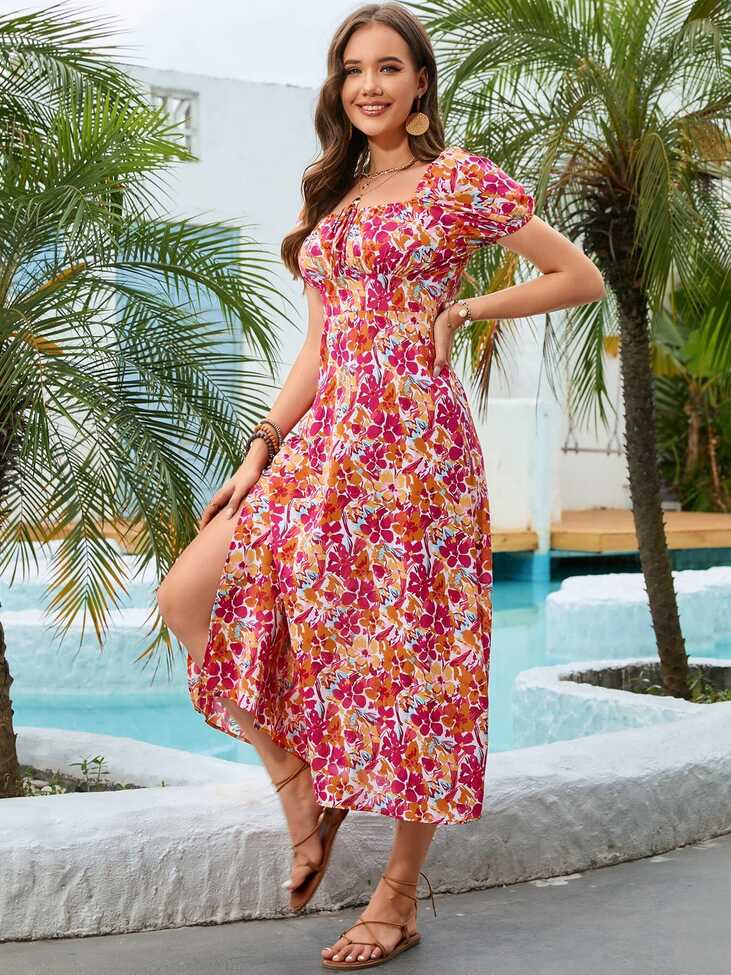 Floral Square Neck Short Sleeve Midi Dress