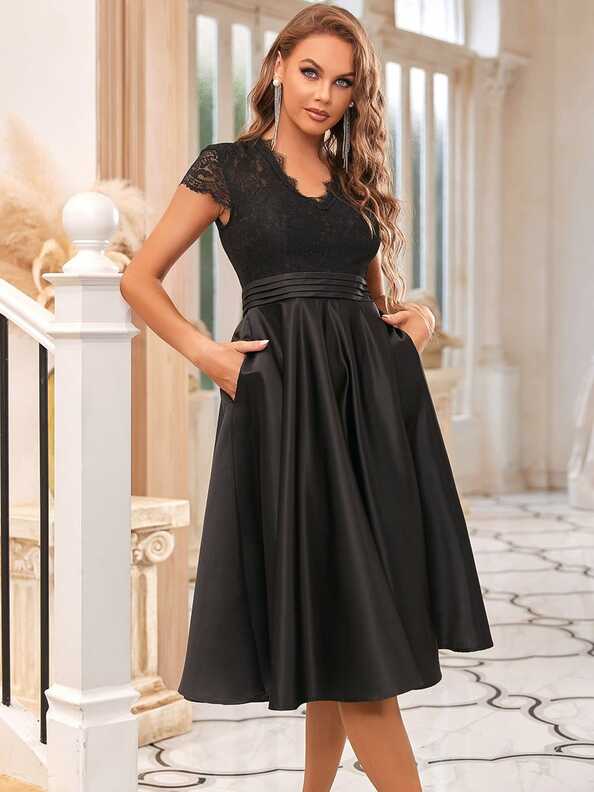 Floral V Neck Embroidered Short Sleeves Midi A-Line Formal Dress