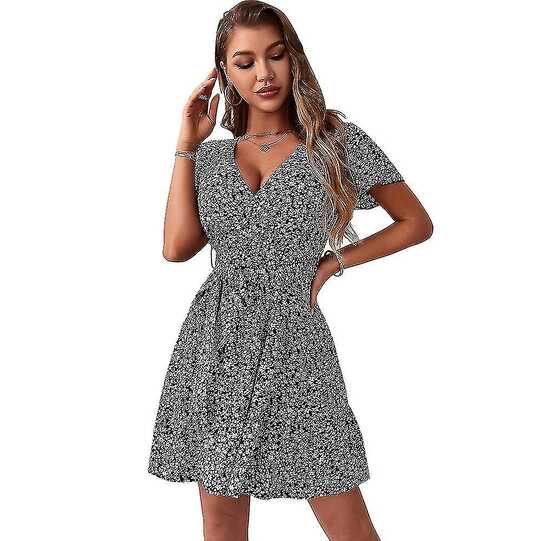 Floral V Neck Mini Dress Sexy Wrap Dress Women Flowy Short Sleeve ...