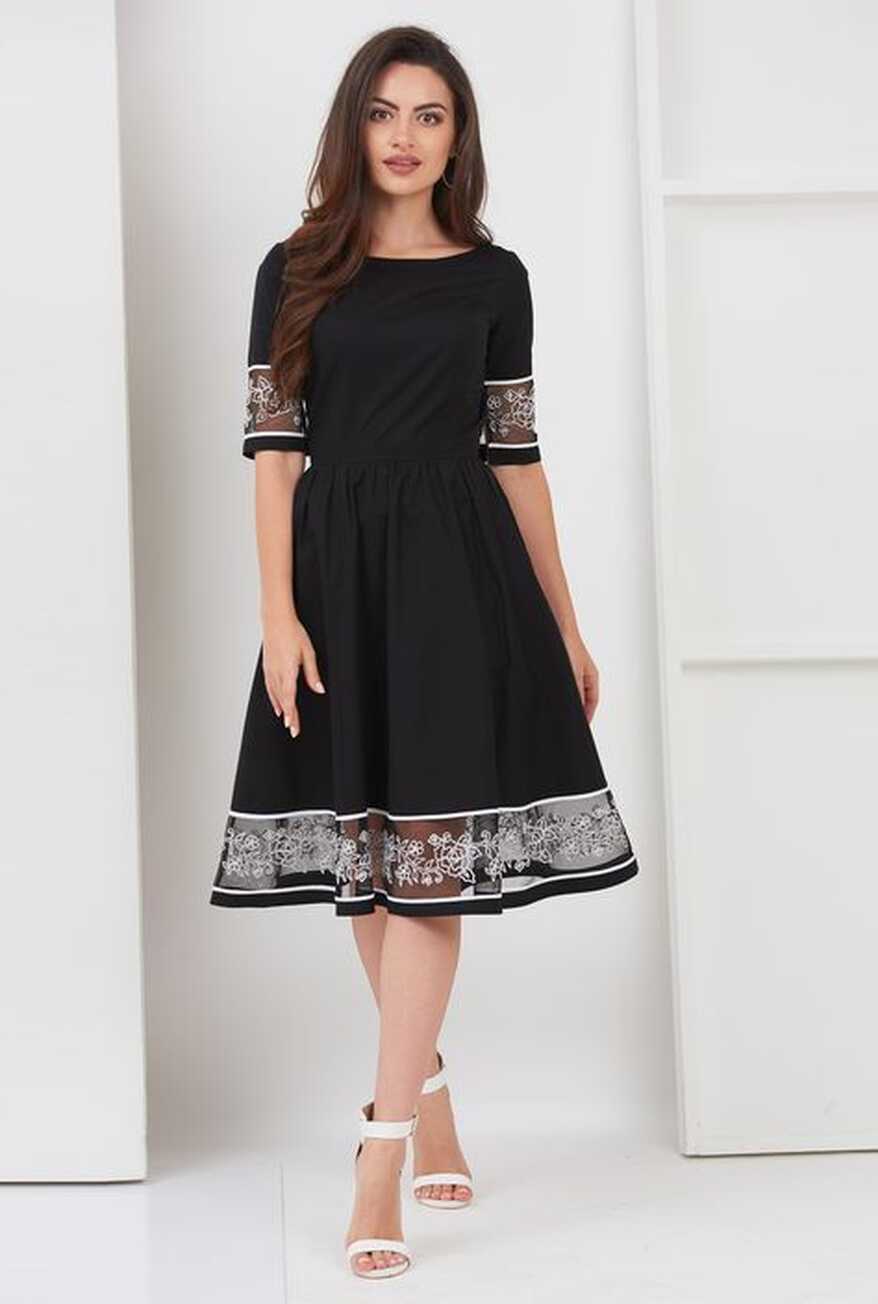 Floral embellished tulle trim cotton poplin dress