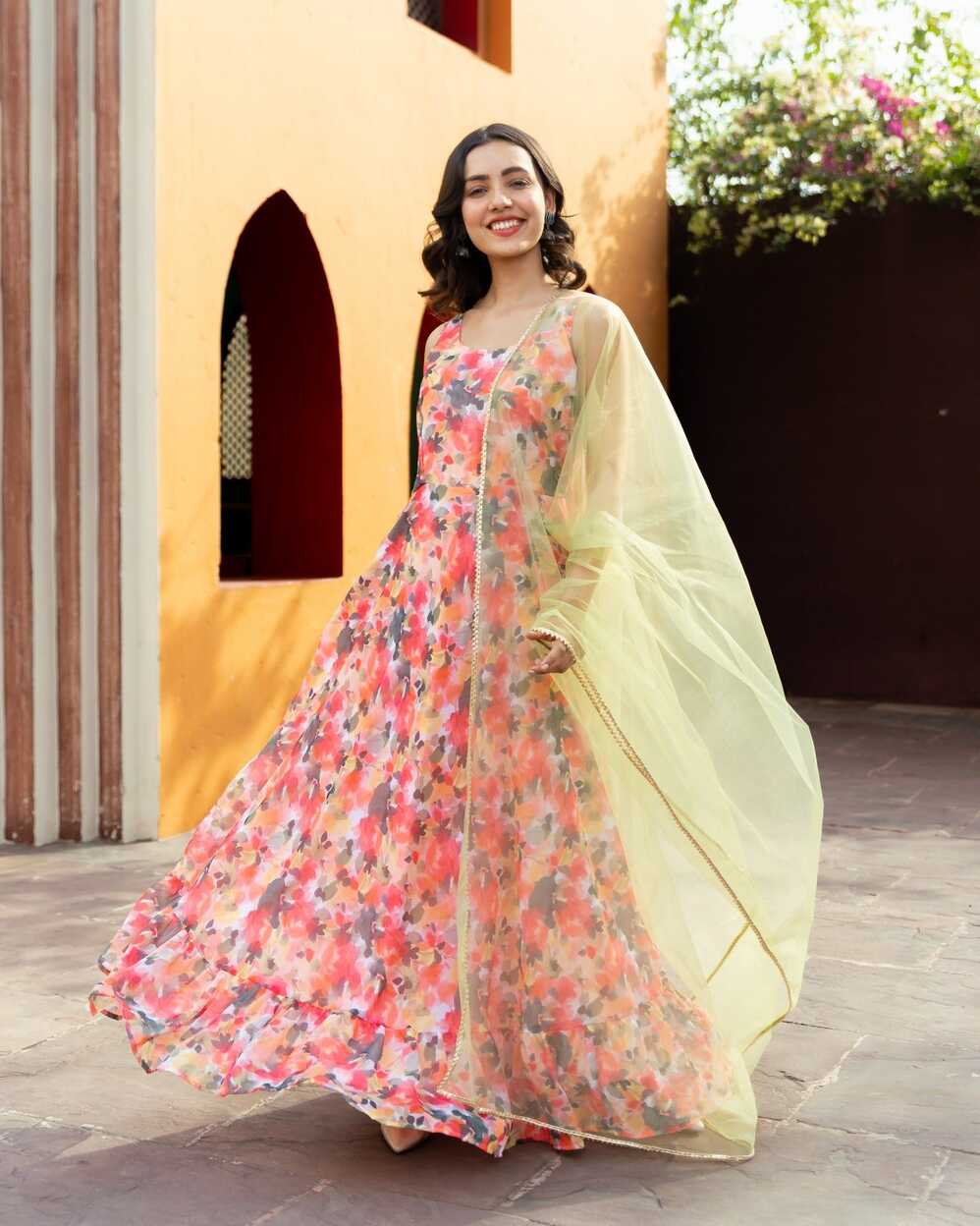 Floral print sleeveless Georgette Dress with net dupatta – The ...