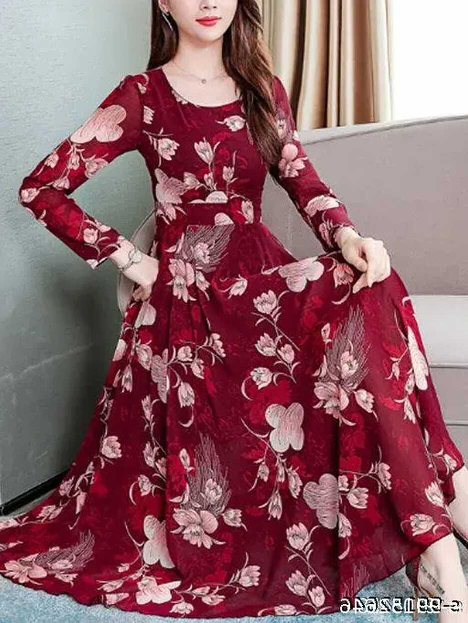 Floral printed frock Stylist Elegant Casual maxi long flared ...