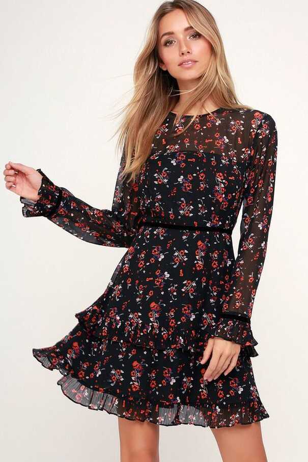 Floral to See Black Floral Print Long Sleeve Mini Dress | Black ...