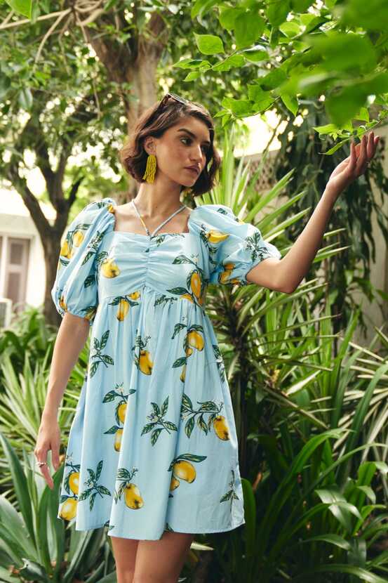 Florentina Lemon Print Cotton Knee Length Lined Summer Dress With ...