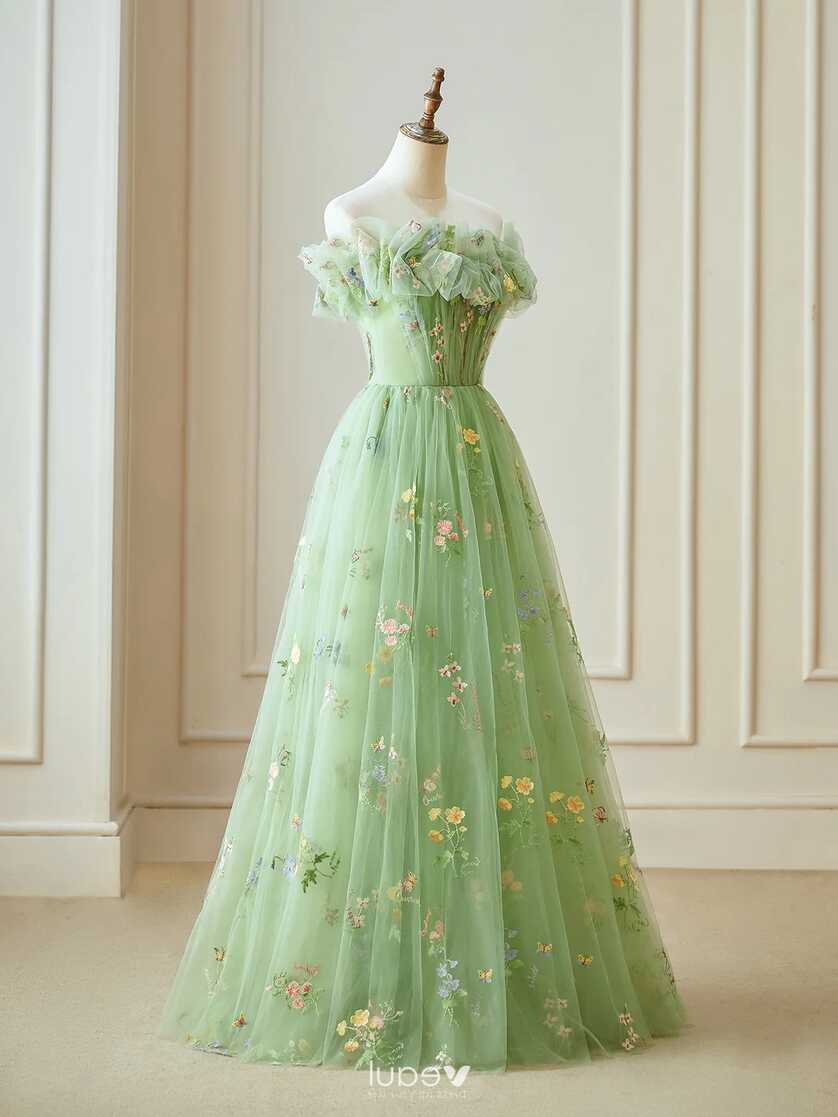 Flower Fairy Floral Sage Green Prom Dresses 2024 Ruffle Lace Floor ...