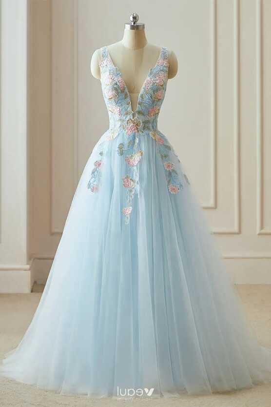 Flower Fairy Sky Blue 3D Lace Prom Dresses 2024 Crossed Straps ...