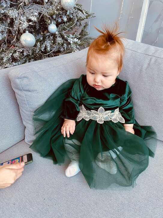 Flower Girl Dress, Green Velvet Dress, Tulle Baby Girl Dress, Baby ...