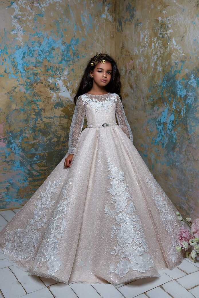 Flower Girl Sparkly Long Sleeve Beaded Tulle Princess Ball Gown ...