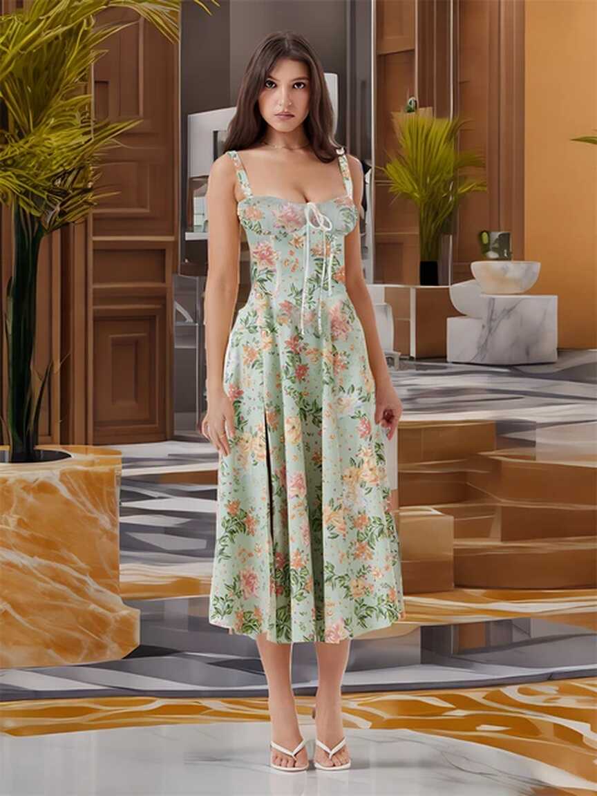 Flower Print Square Neck Bustier Maxi Dress for Women Summer ...