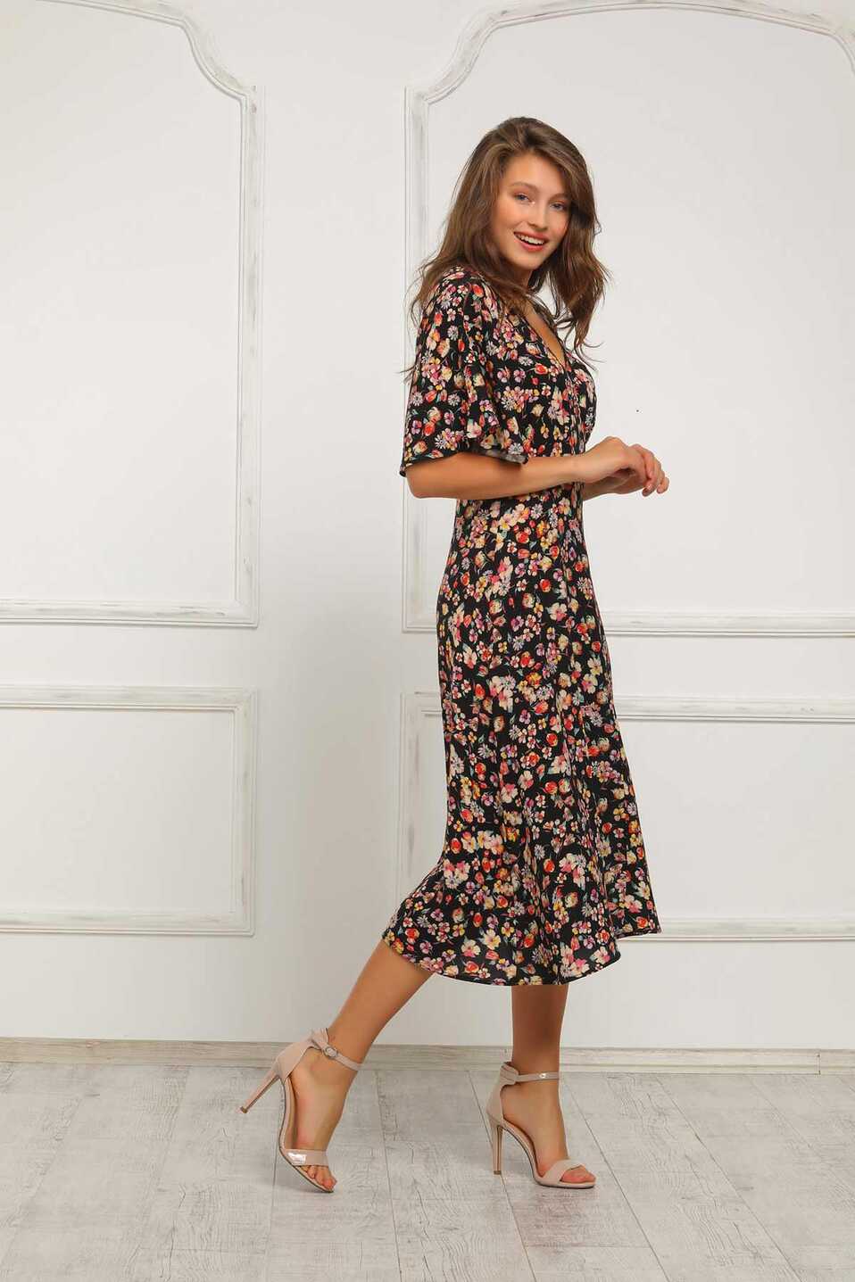 Flower Print V Neck Midi Dress - Black HS287 - happysoul