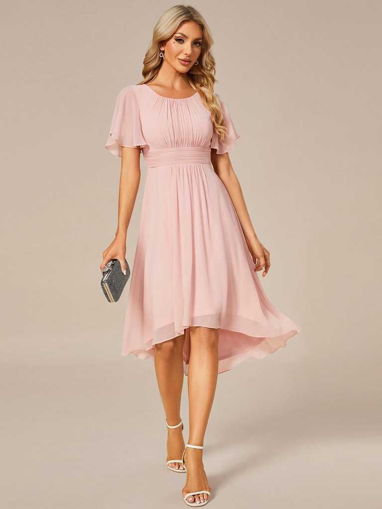 Flowy Chiffon Round Neckline A-Line Knee Length Wedding Guest ...