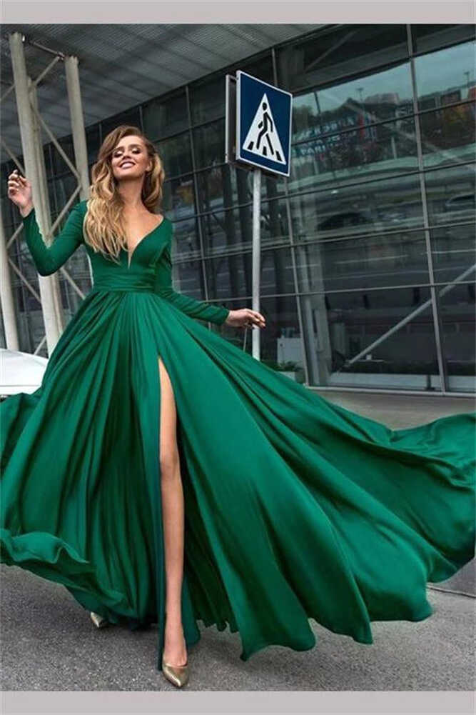 Flowy Long Sleeve V Neck Chiffon Long Formal Dresses with High ...