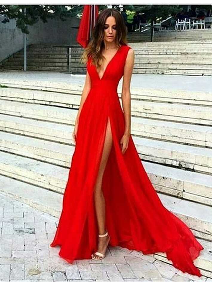 Flowy Red Sexy Prom Dress with Plunge V neck | Long Evening ...