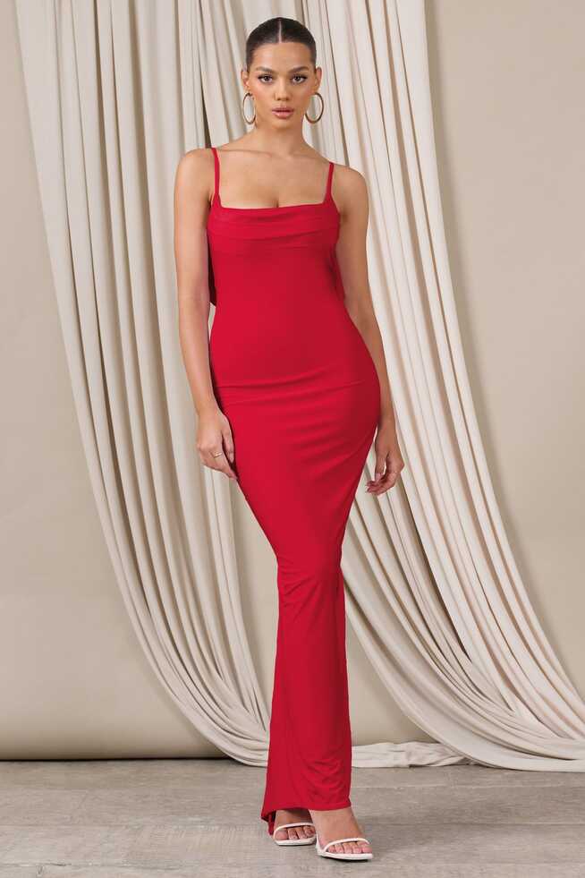 Flute Red Bodycon Maxi Dress With Ruched Ruffled Back – Club L ...