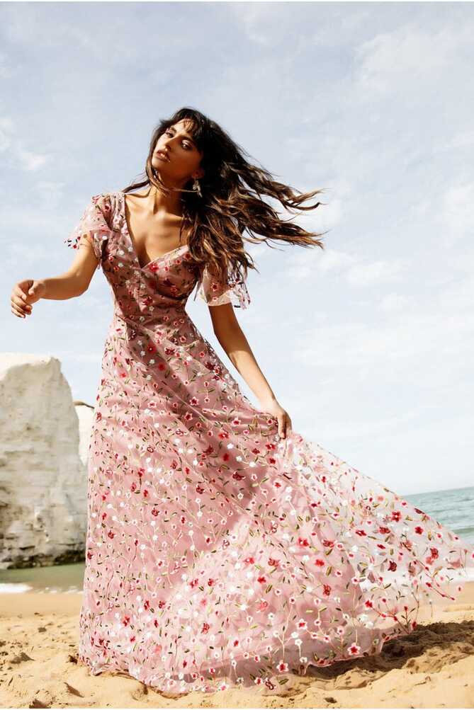 Flutter Sleeve Floral Embroidered Maxi - Rose Pink