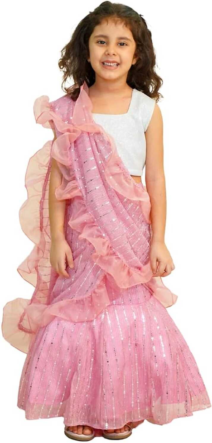 Folk Culture Girls Pink and Silver ready Saree | Beautifully ...