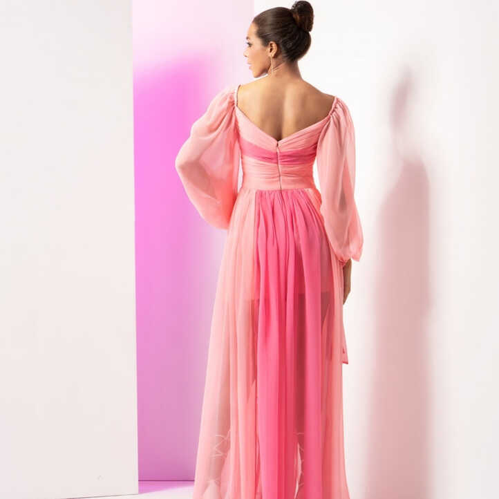 Fondant pink long dress with sleeve tie-up and front slit in skirt