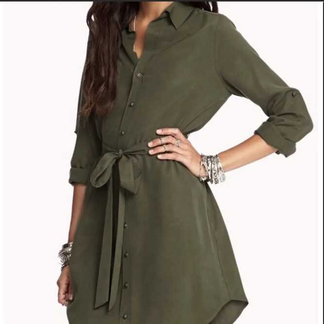 Forever 21 Olive Green Long Sleeve Button Down Collared Dress Size ...