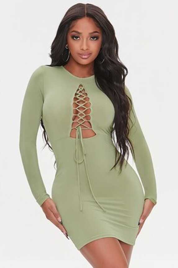 Forever 21 Women&#39;s Lace-Up Bodycon Mini Dress in Olive Small ...