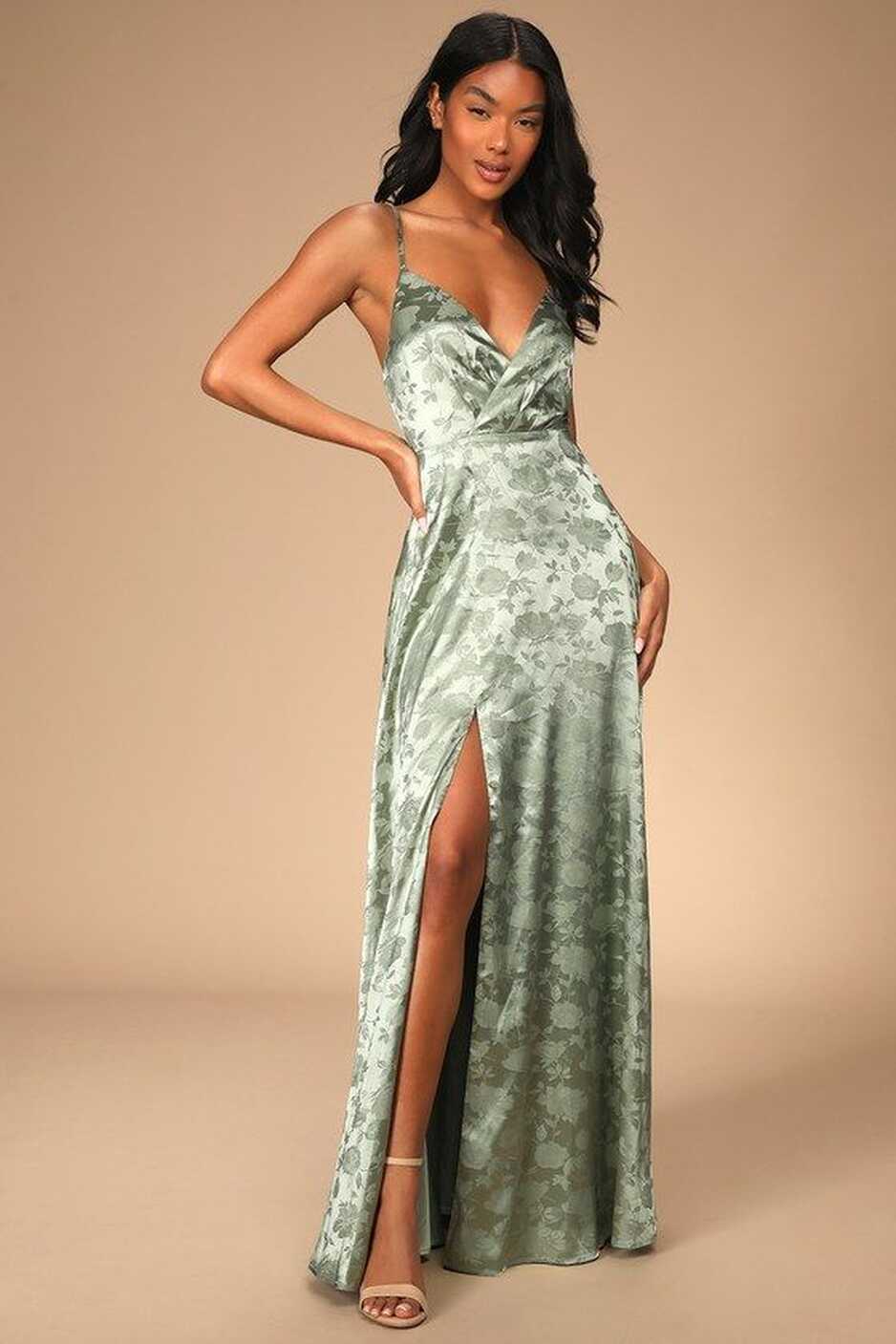 Forever Exquisite Sage Green Satin Surplice Maxi Dress | Green ...