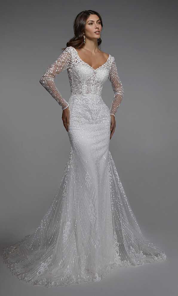 Formal Dress: 7030. Long Bridal Gown, V-neck, Fit N Flare | Alyce ...