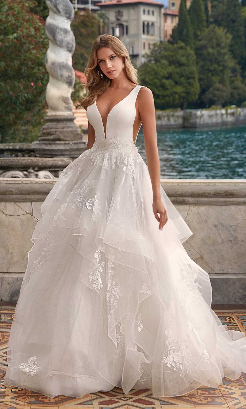 Formal Dress: 7040. Long Bridal Gown, Plunging Neckline, Ball Gown ...