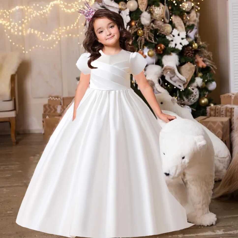 Formal Satin White Bridesmaid Princess Girl Dress Short Sleeve ...