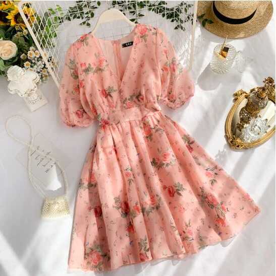 French Floral V Neck Summer Chiffon Dress