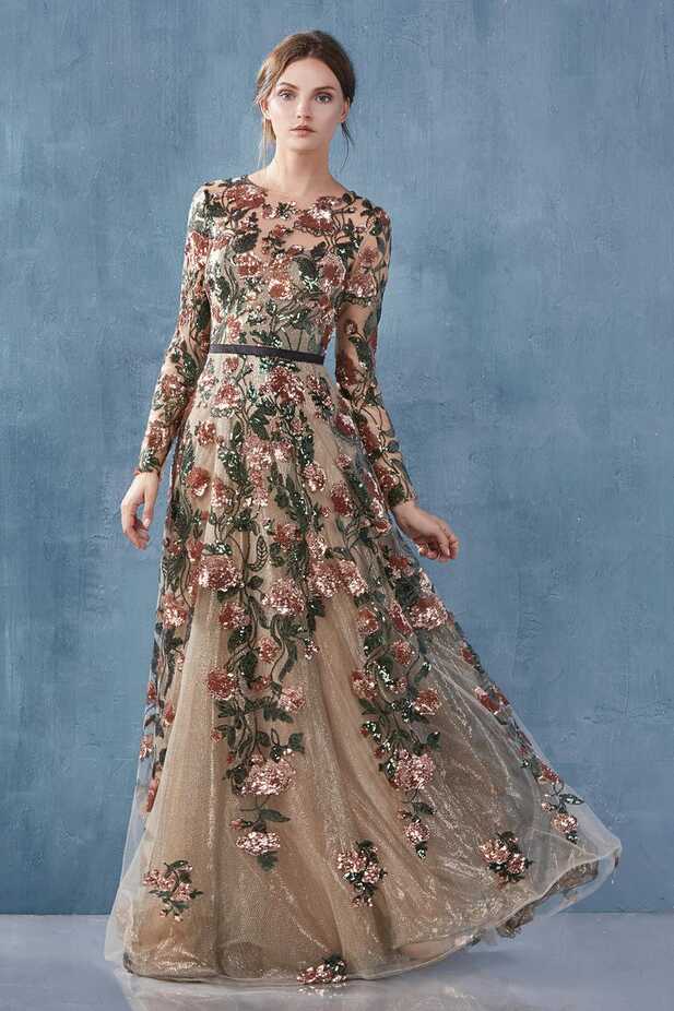 French Novelty: Andrea and Leo A0926 Long Sleeve Floral Sequin Gown