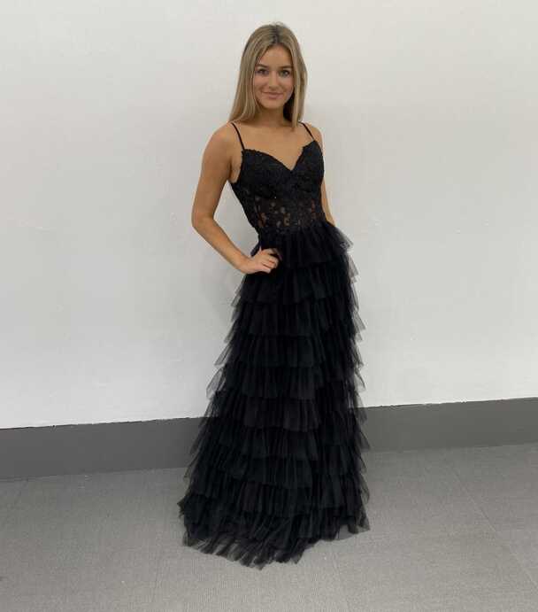 French Novelty: Dave and Johnny 11148 Black Tiered Ruffle Prom Dress