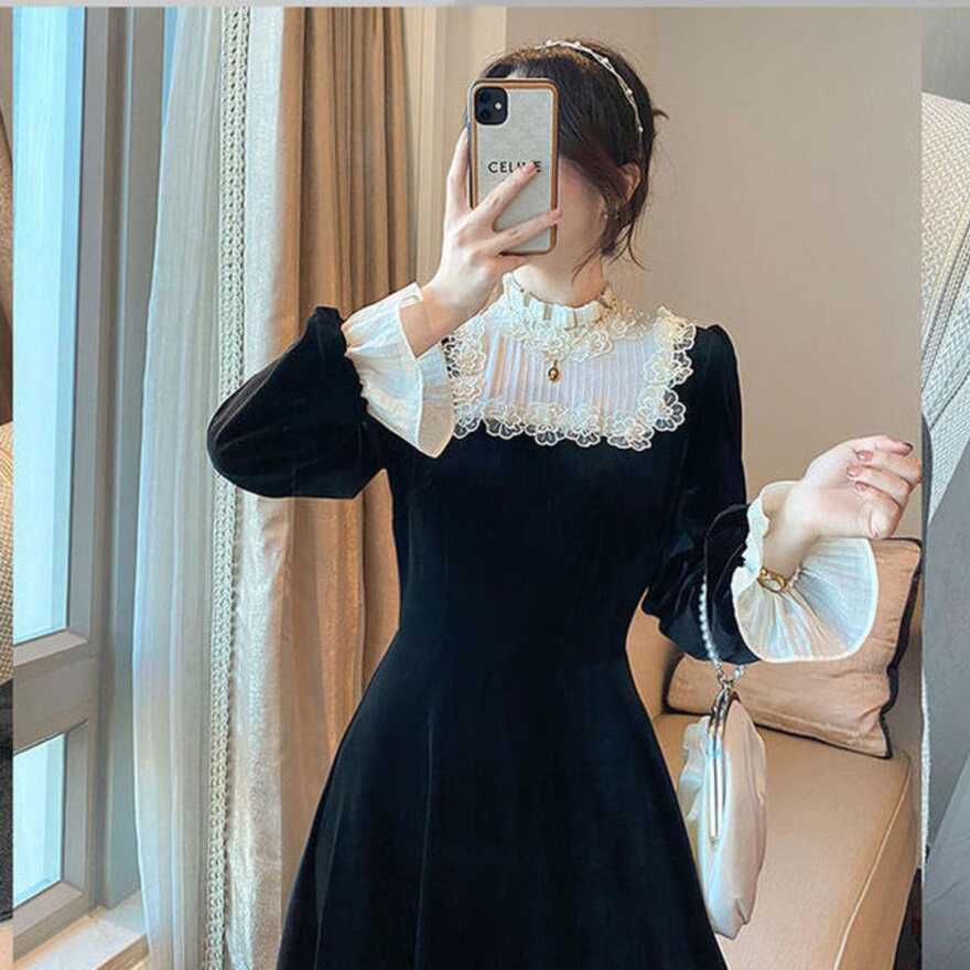 French Retro Black Midi Dress Women Elegant One Piece Dress Korean ...