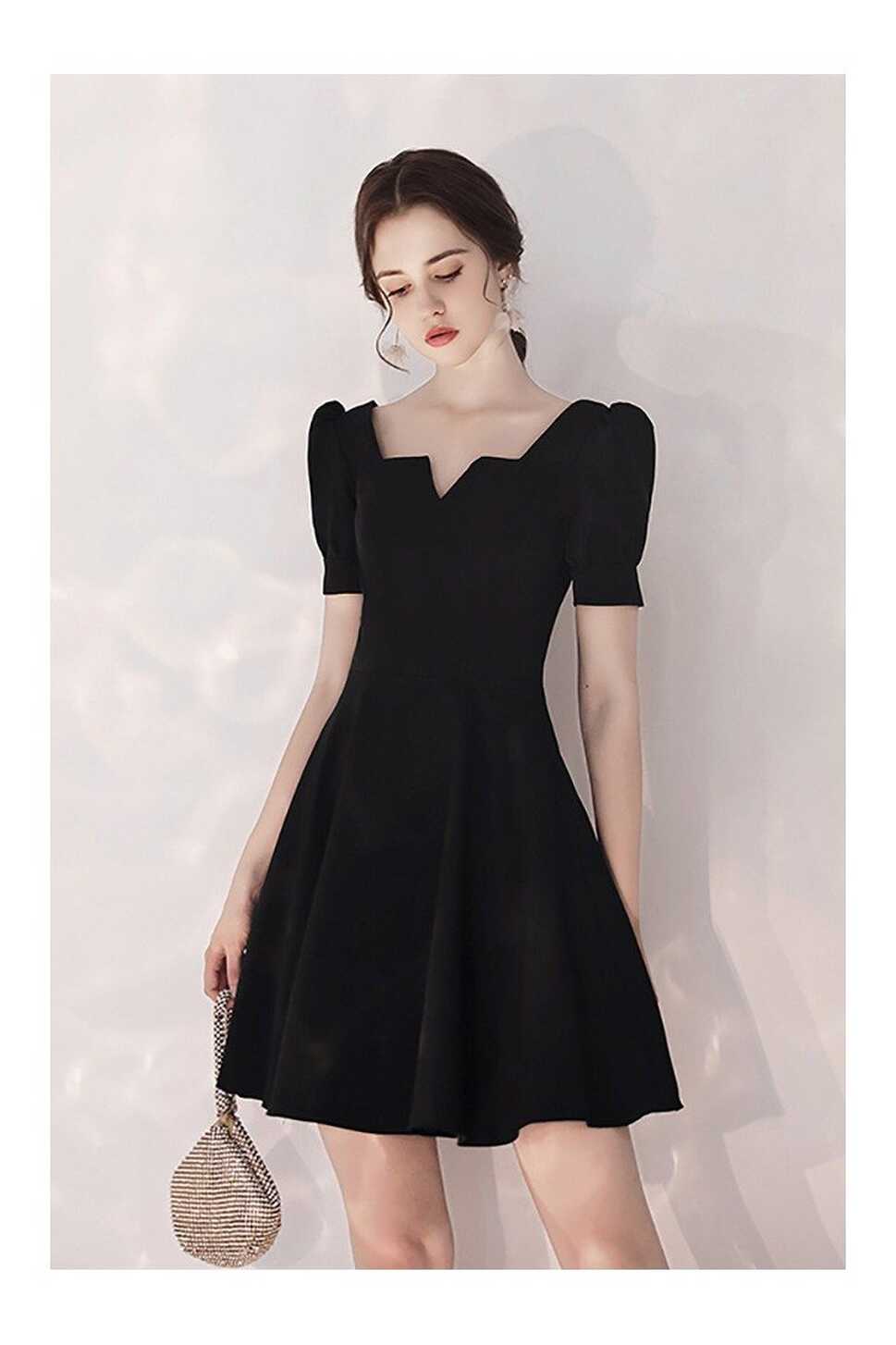 French Style Little Black Party Dress Short With Sleeves ...