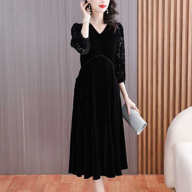 French Vintage Black Velvet Dress Women&#39;s Autumn Versatile Lace ...