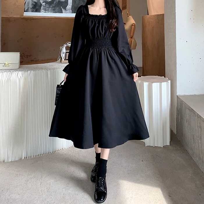 French Vintage Dress Long Square Collar Black | Black Midi Dress ...