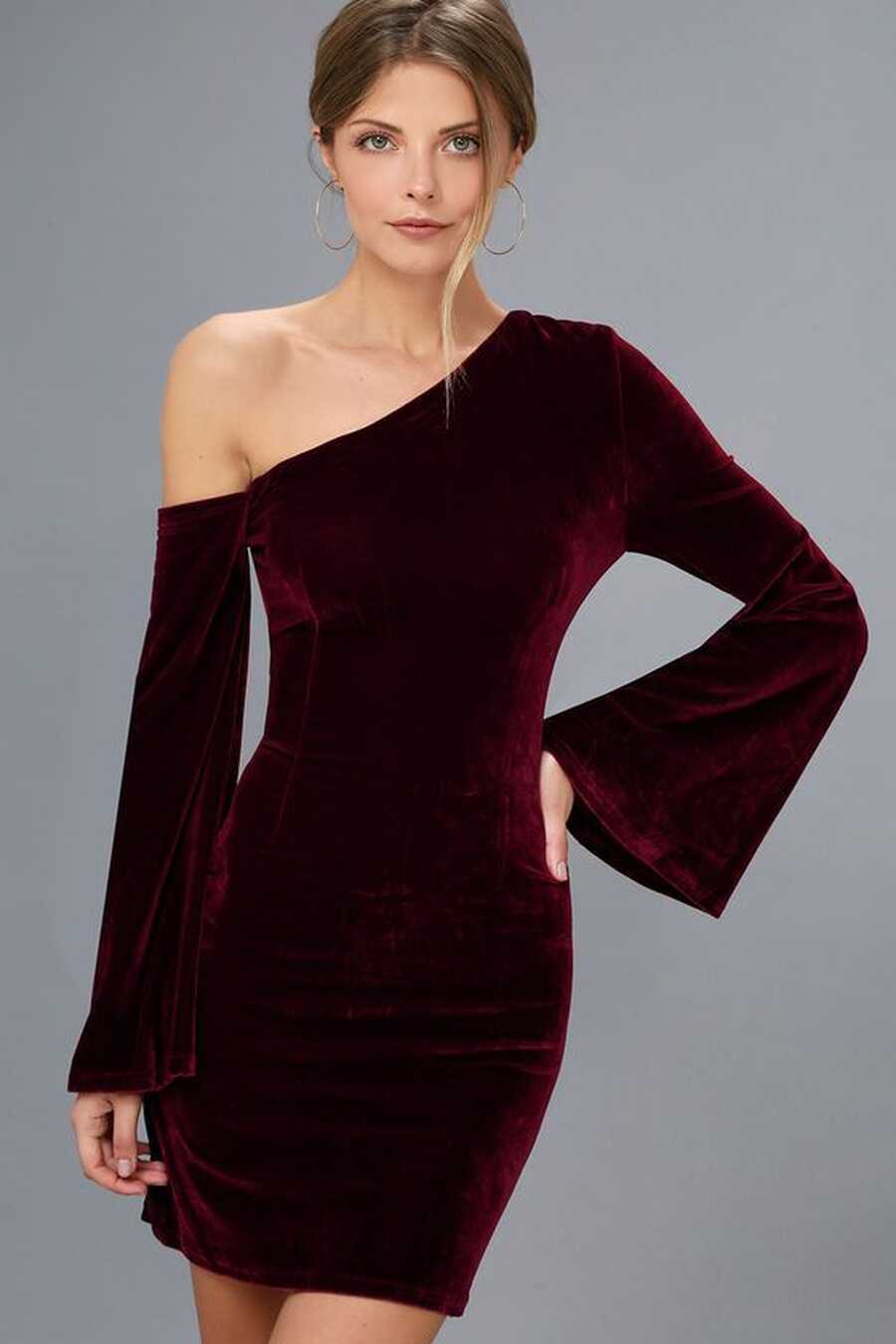 From The Beginning Burgundy Velvet Bell Sleeve Bodycon Dress ...