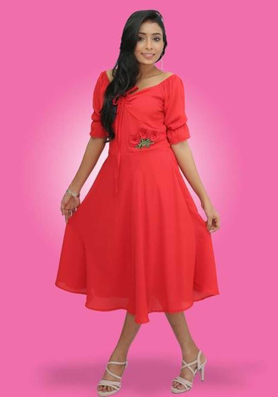 Front Knotted Flared Short Party Dress with Puff Sleeves-SunMart Lanka