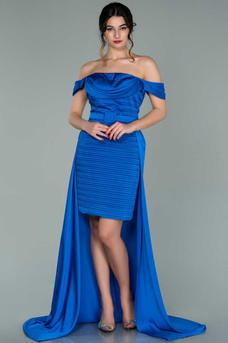 Front Short Back Long Sax Blue Satin Prom Gown ABO075 | Abiyefon.com