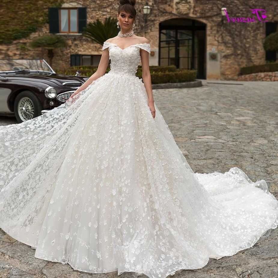 Fsuzwel Romantic Boat Neck Lace Chapel Train A-Line Wedding ...