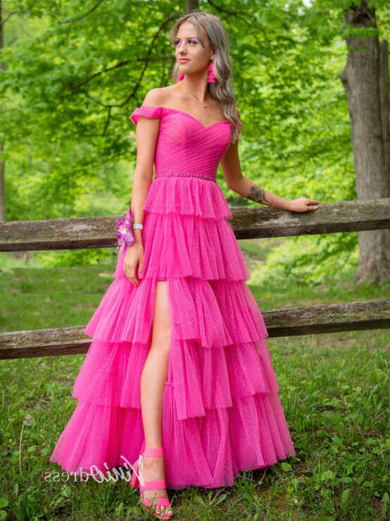 Fuchsia Layered Ruffle Prom Dresses With Slit Off the Shoulder ...