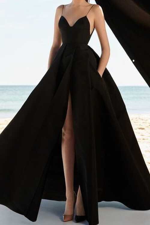 Full Length Black Spaghetti Straps Formal Dress Evening Prom Gown ...