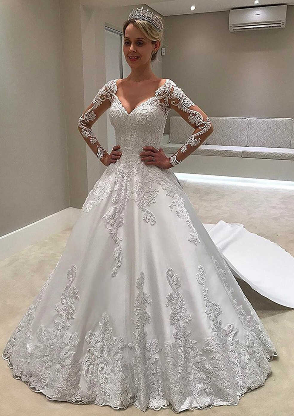 Full/Long Sleeve V Neck Chapel Train Ball Gown Satin Wedding Dress ...