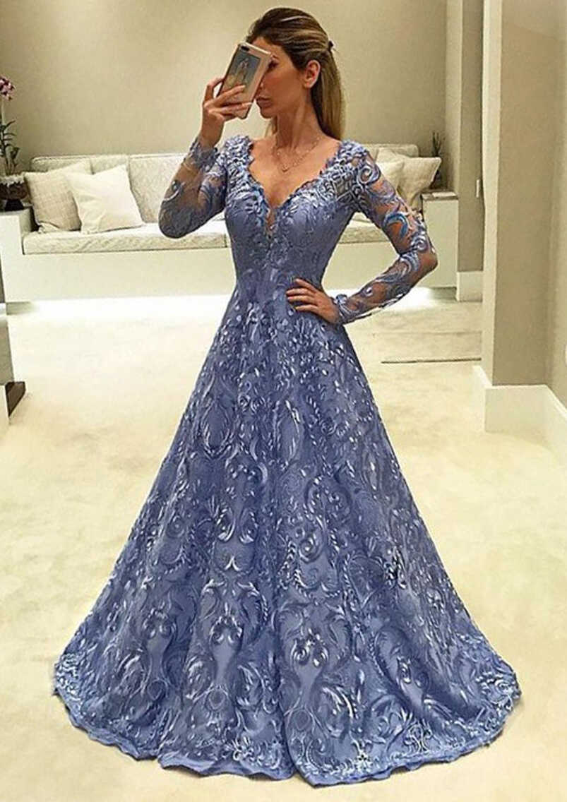 Full/Long Sleeve V Neck Long/Floor-Length A-line/Princess Lace ...