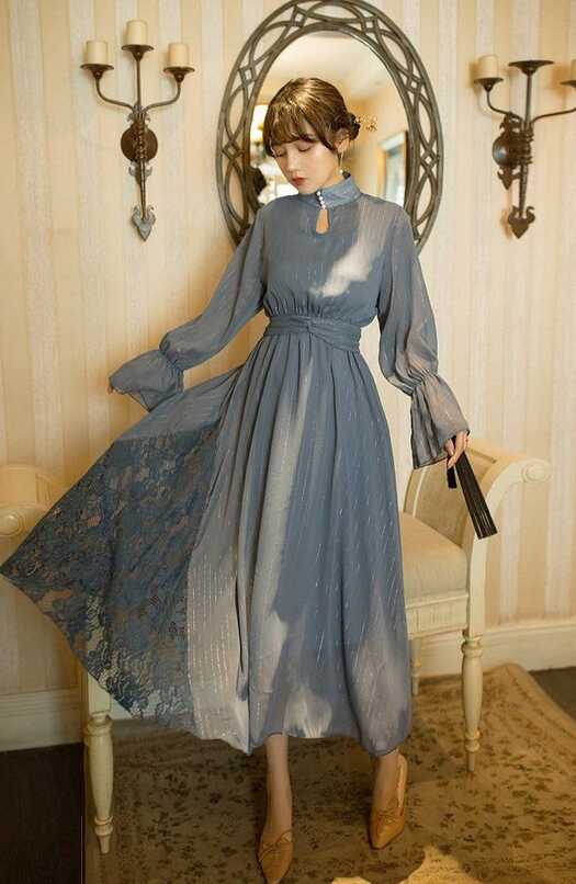 Full Sleeve Stand-neck Ladies Party Dress