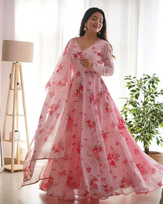 Function Wear Pink Ready To Wear Printed Anarkali Gown Set For ...