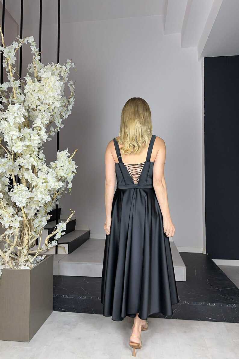 G0694 Design Midi Length Satin Dress Black