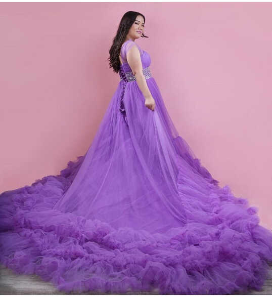 G240, Luxury Purple Ruffle Long Trail Ball Gown, Size - (XS-30 to ...