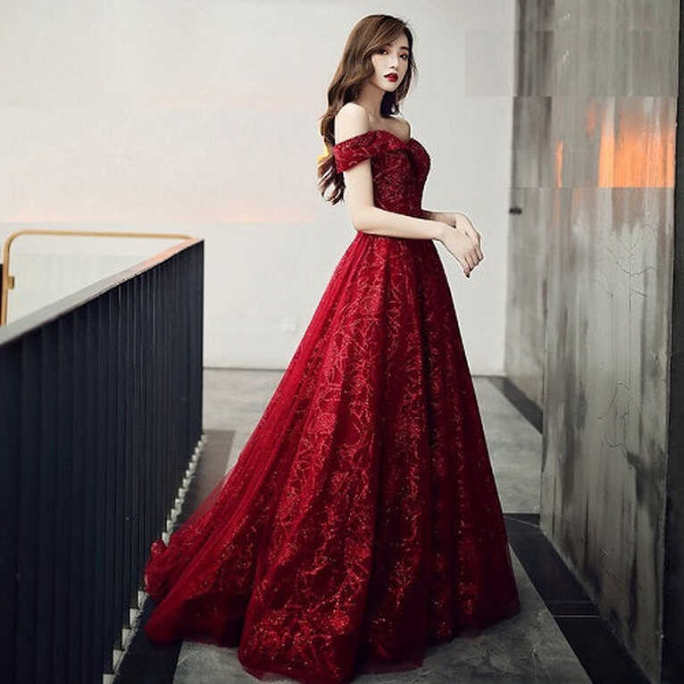 G336, Burgundy Evening Dress Elegant Shining Long Formal Gown ...