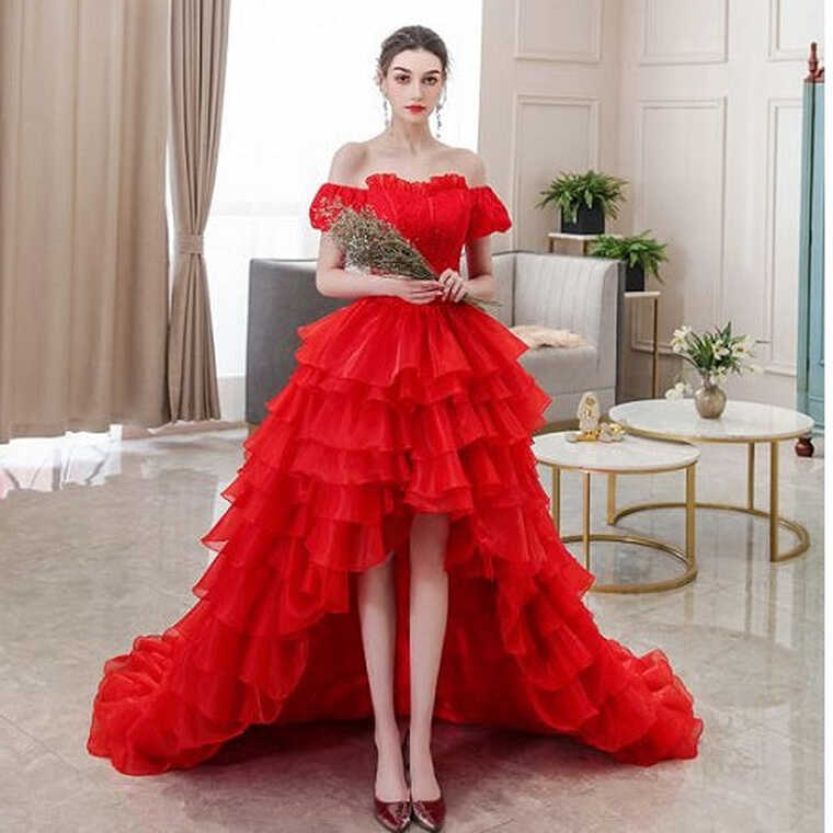 G340, Luxury Red Short Front Long Back Trail Ball Gown, Size (All ...